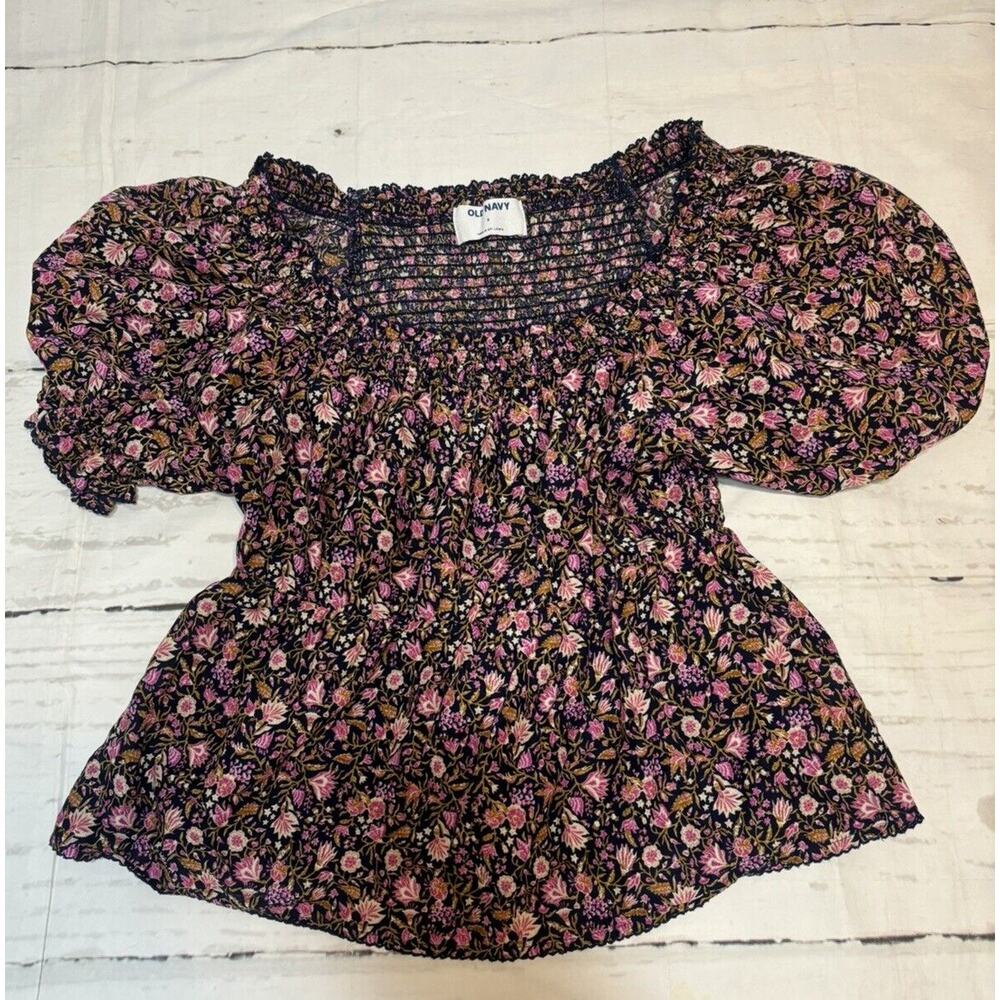 Cottagecore Shirt Small Blue, Pink Floral Smocked Lightweight Stretch Old Navy‎